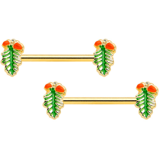 14G 11/16 Gold Hue Acorn Pine Cone Autumn Barbell Nipple Ring Set