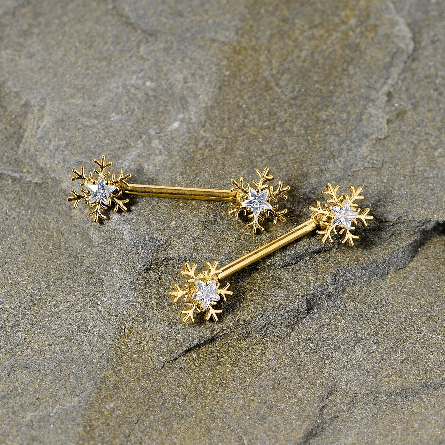 14G 9/16 Clear Gem Gold Tone Snowflake Christmas Nipple Ring Set