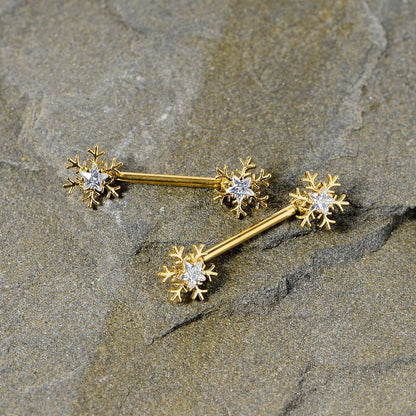 14G 9/16 Clear Gem Gold Tone Snowflake Christmas Nipple Ring Set