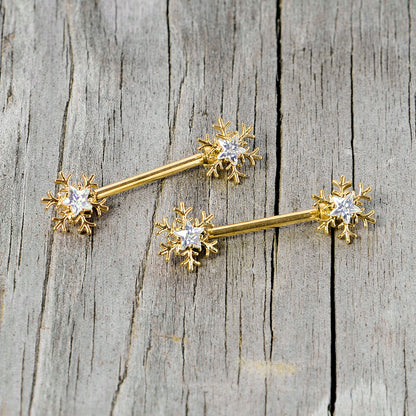 14G 9/16 Clear Gem Gold Tone Snowflake Christmas Nipple Ring Set