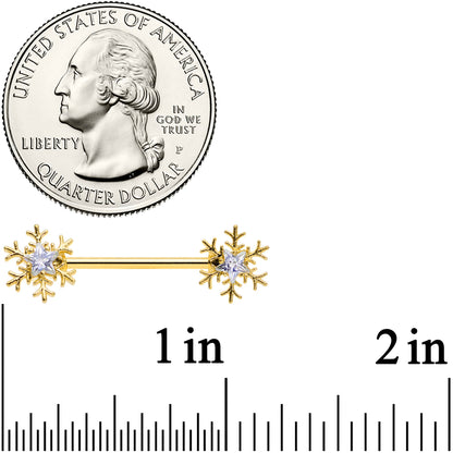 14G 9/16 Clear Gem Gold Tone Snowflake Christmas Nipple Ring Set