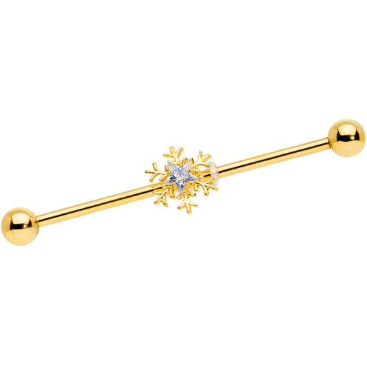 14G Clear Gem Gold Hue Snowflake Christmas Industrial Barbell 38mm