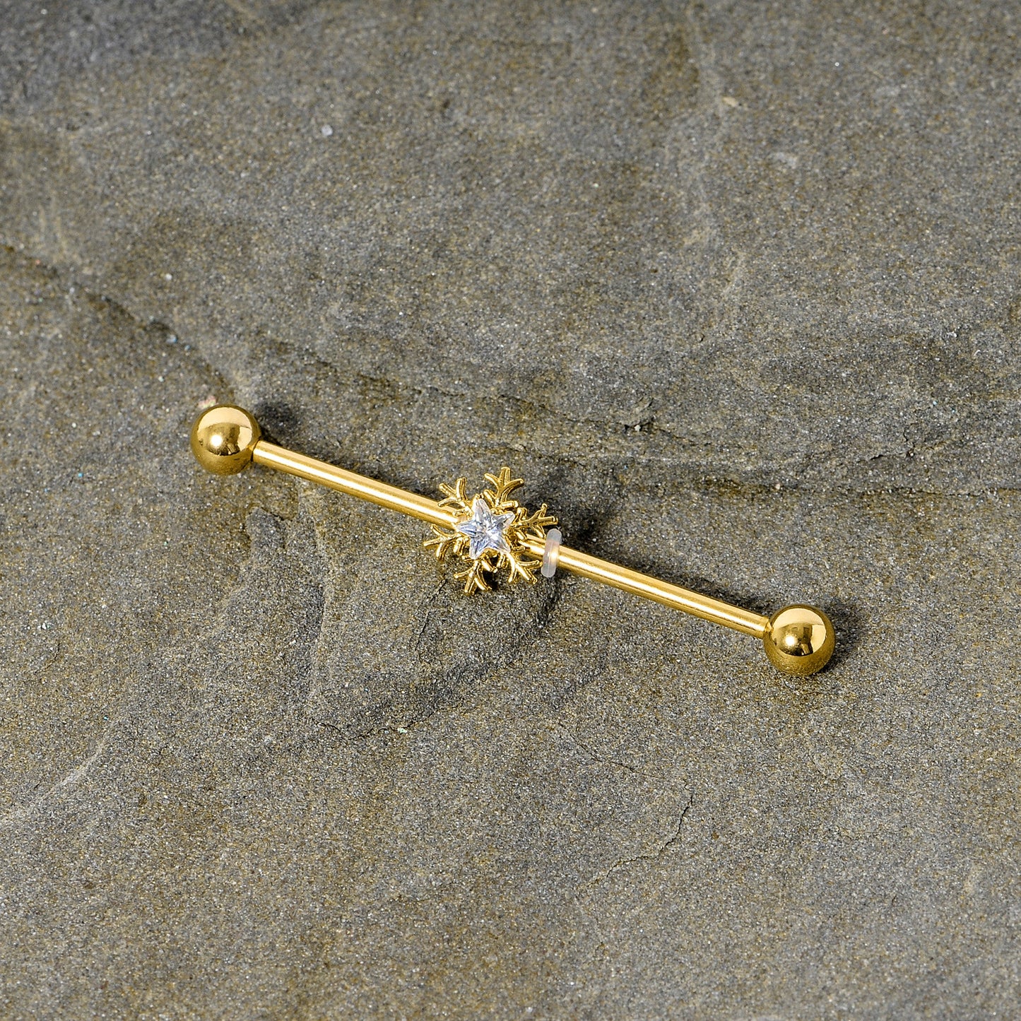 14G Clear Gem Gold Hue Snowflake Christmas Industrial Barbell 38mm