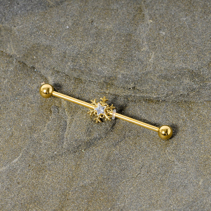 14G Clear Gem Gold Hue Snowflake Christmas Industrial Barbell 38mm