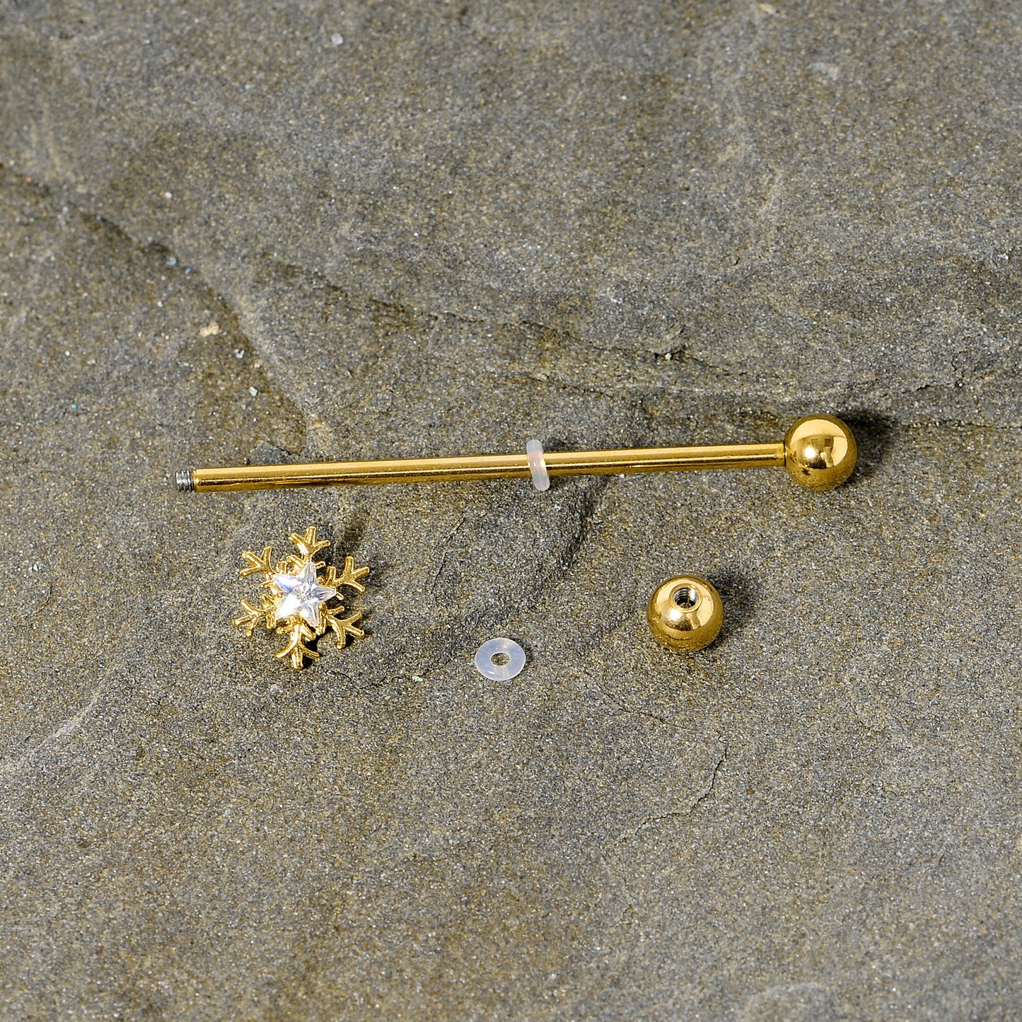 14G Clear Gem Gold Hue Snowflake Christmas Industrial Barbell 38mm