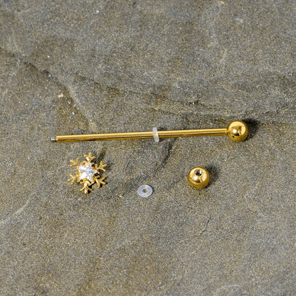 14G Clear Gem Gold Hue Snowflake Christmas Industrial Barbell 38mm