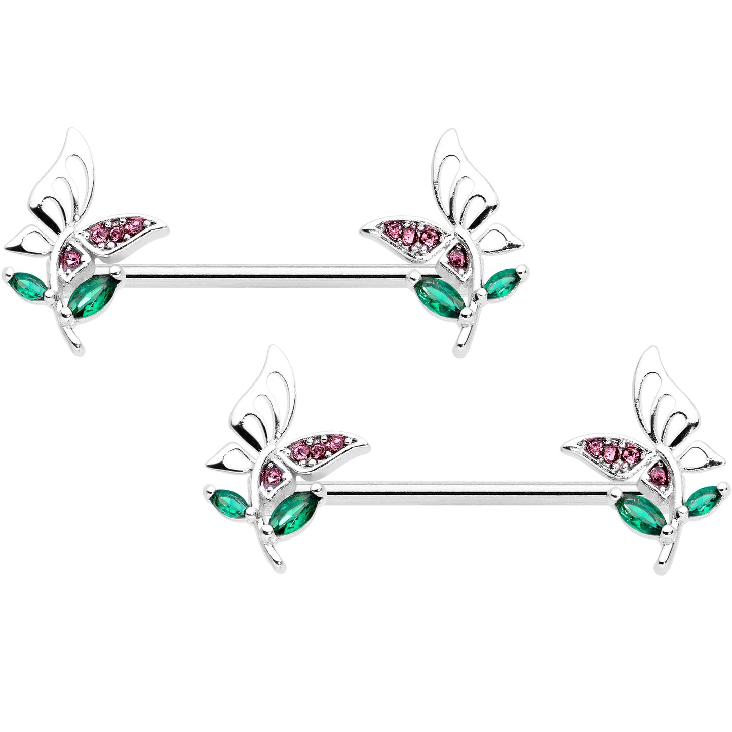 14G 9/16 Pink Green Gem Floral Butterfly Nipple Ring Set