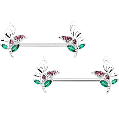 14G 9/16 Pink Green Gem Floral Butterfly Nipple Ring Set