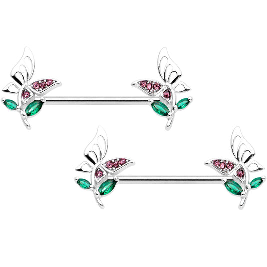 14G 9/16 Pink Green Gem Floral Butterfly Nipple Ring Set
