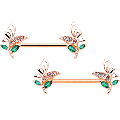 14G 9/16 Rose Gold Tone Clear Gem Flora Butterfly Nipple Ring Set