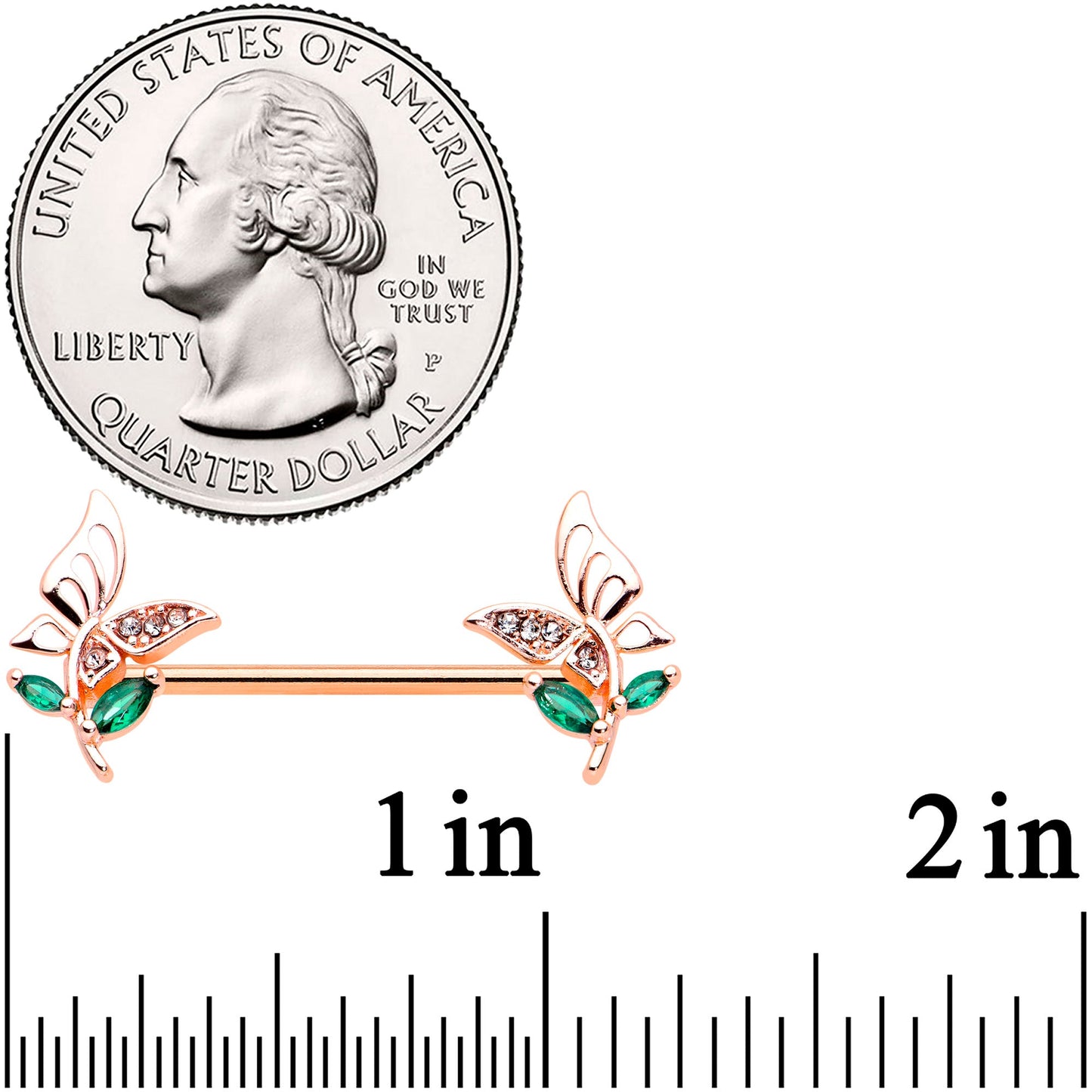 14G 9/16 Rose Gold Tone Clear Gem Flora Butterfly Nipple Ring Set