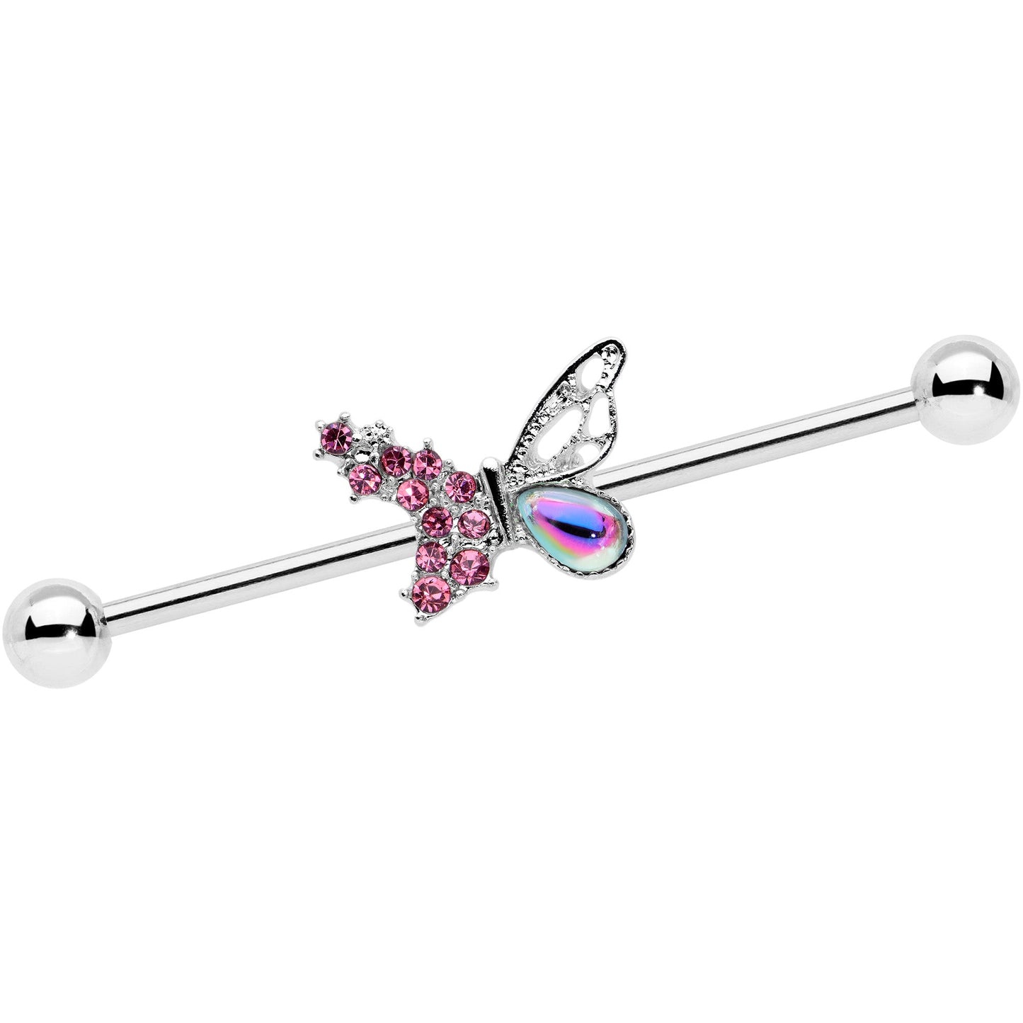 14G Pink Aurora Gem Super Glam Butterfly Industrial Barbell 38mm