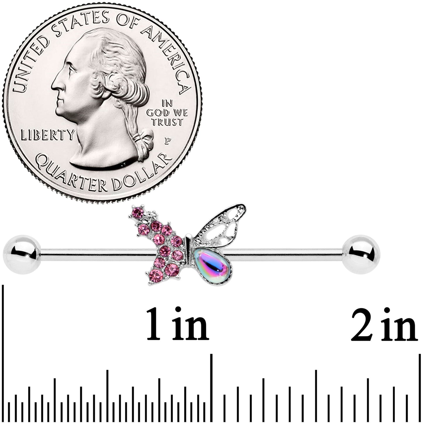 14G Pink Aurora Gem Super Glam Butterfly Industrial Barbell 38mm