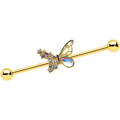 14G Clear Gem Gold Tone Glam Butterfly Industrial Barbell 38mm