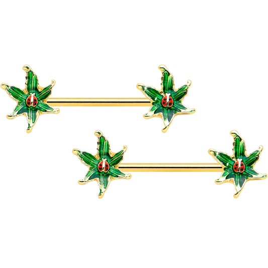 14G 5/8 Gold Tone Tiny Ladybug Barbell Nipple Ring Set