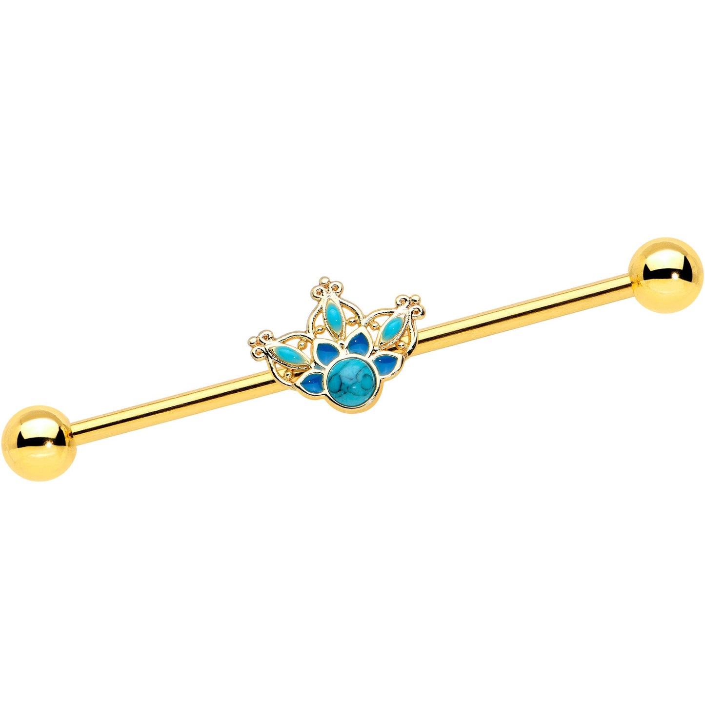 14G Turquoise Gold Tone Opulent Bloom Industrial Barbell 38mm