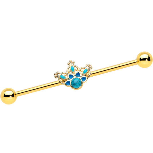 14G Turquoise Gold Tone Opulent Bloom Industrial Barbell 38mm