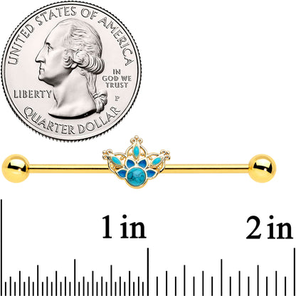 14G Turquoise Gold Tone Opulent Bloom Industrial Barbell 38mm