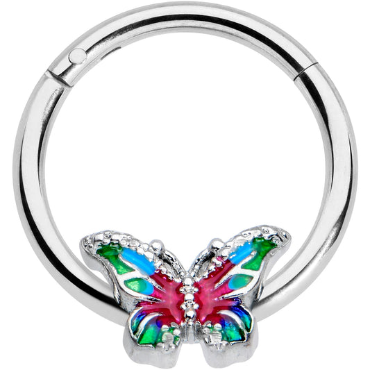16G 3/8 Bright Beauty Textured Butterfly Hinged Segment Ring