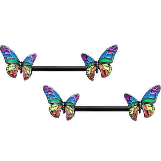 14G 9/16 Black Rainbow Pride Butterfly Barbell Nipple Ring Set