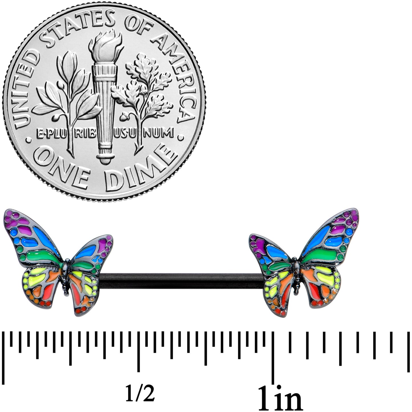 14G 9/16 Black Rainbow Pride Butterfly Barbell Nipple Ring Set