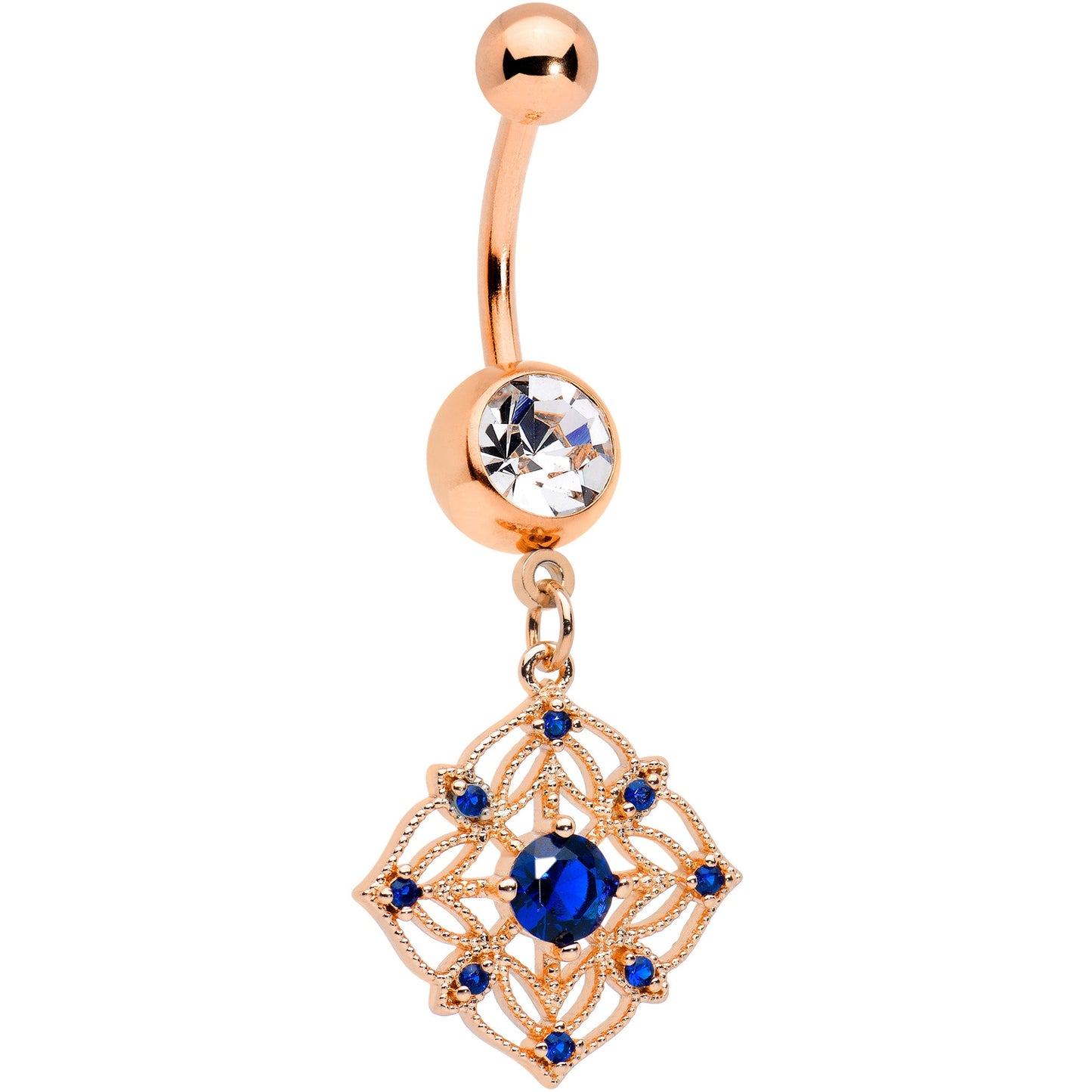 Clear Blue Gem Rose Gold Tone Wicked Web Dangle Belly Ring