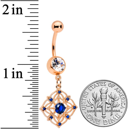 Clear Blue Gem Rose Gold Tone Wicked Web Dangle Belly Ring
