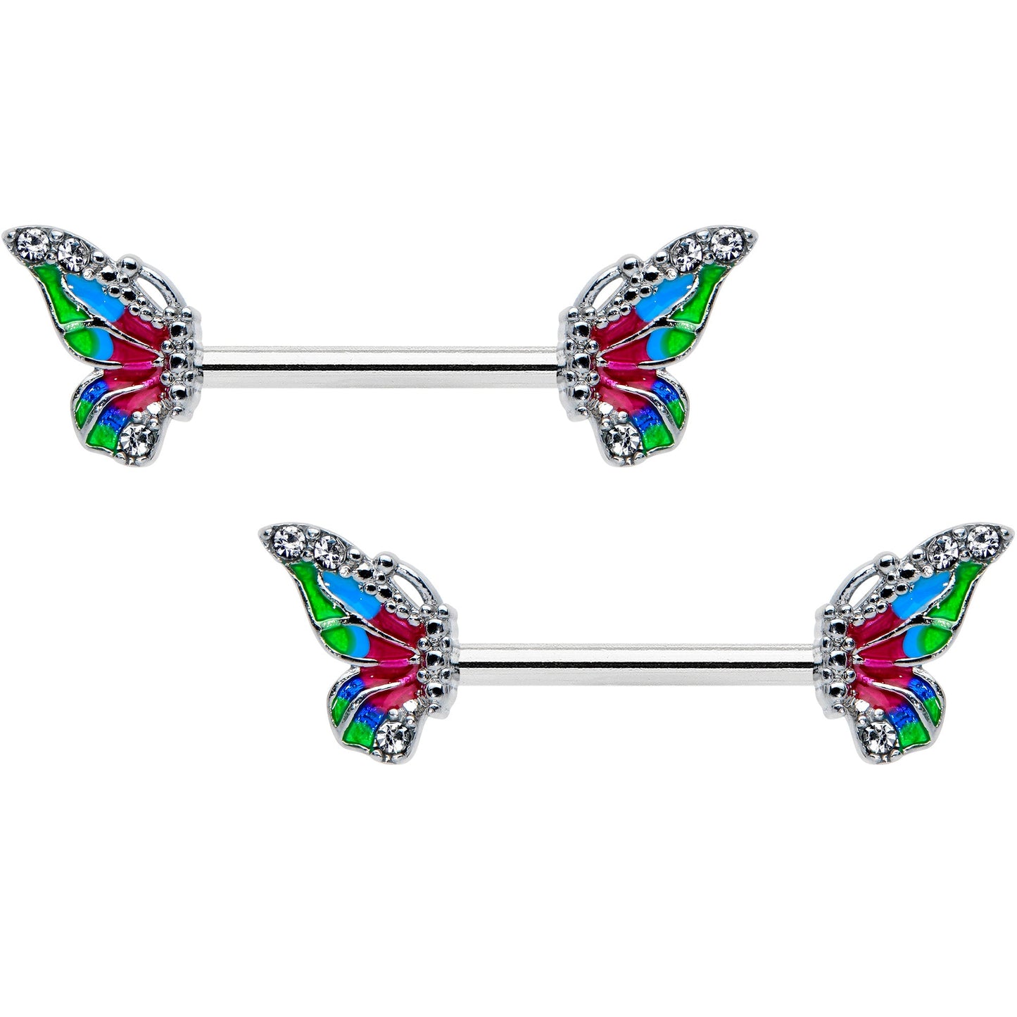 14G 1/2 Clear Gem Bright Beauty Butterfly Barbell Nipple Ring Set