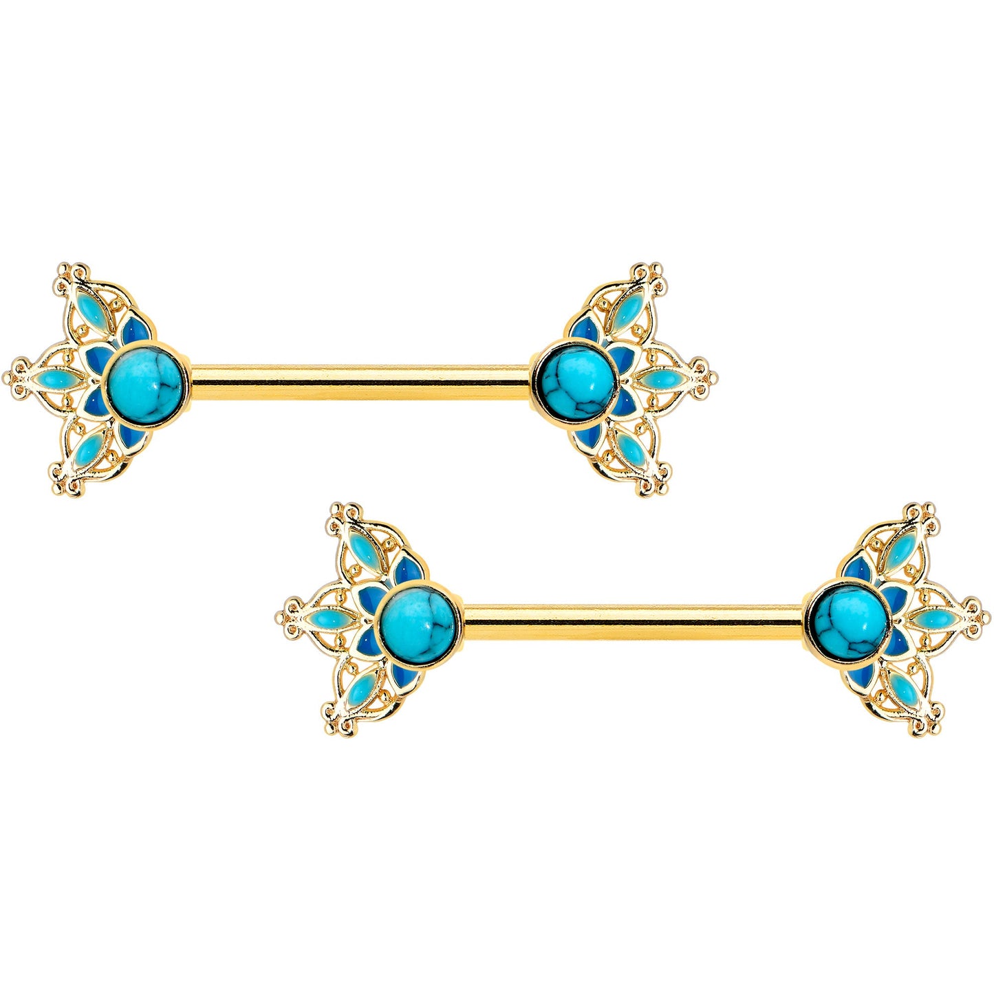 14G 9/16 Blue Turquoise Gold Tone Opulent Bloom Nipple Ring Set