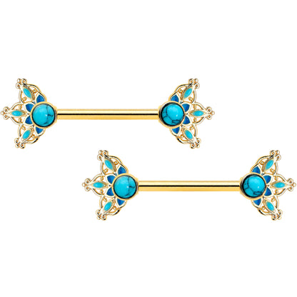 14G 9/16 Blue Turquoise Gold Tone Opulent Bloom Nipple Ring Set