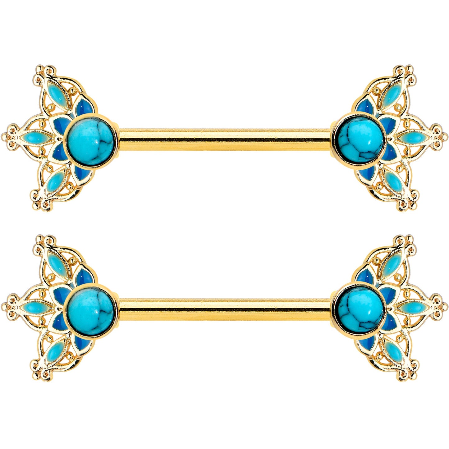 14G 9/16 Blue Turquoise Gold Tone Opulent Bloom Nipple Ring Set