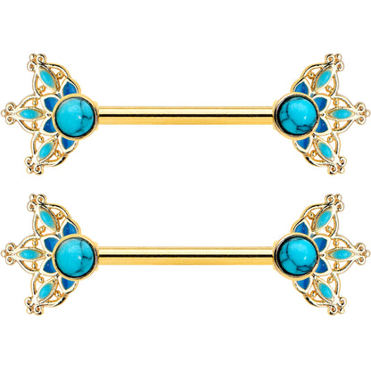 14G 9/16 Blue Turquoise Gold Tone Opulent Bloom Nipple Ring Set
