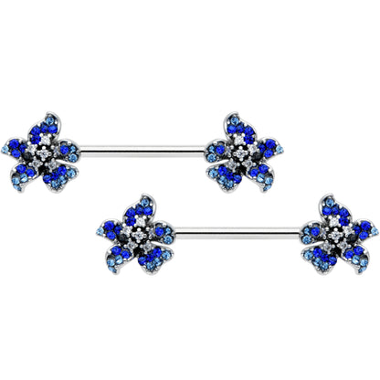 14G 9/16 Clear Blue Gem Evening Flower Barbell Nipple Ring Set