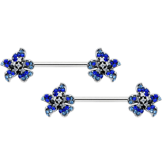 14G 9/16 Clear Blue Gem Evening Flower Barbell Nipple Ring Set