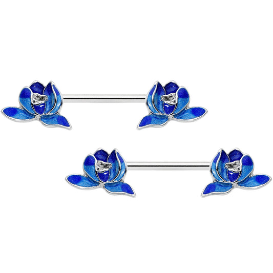 14G 9/16 Lovely Blue Lotus Flowers Barbell Nipple Ring Set