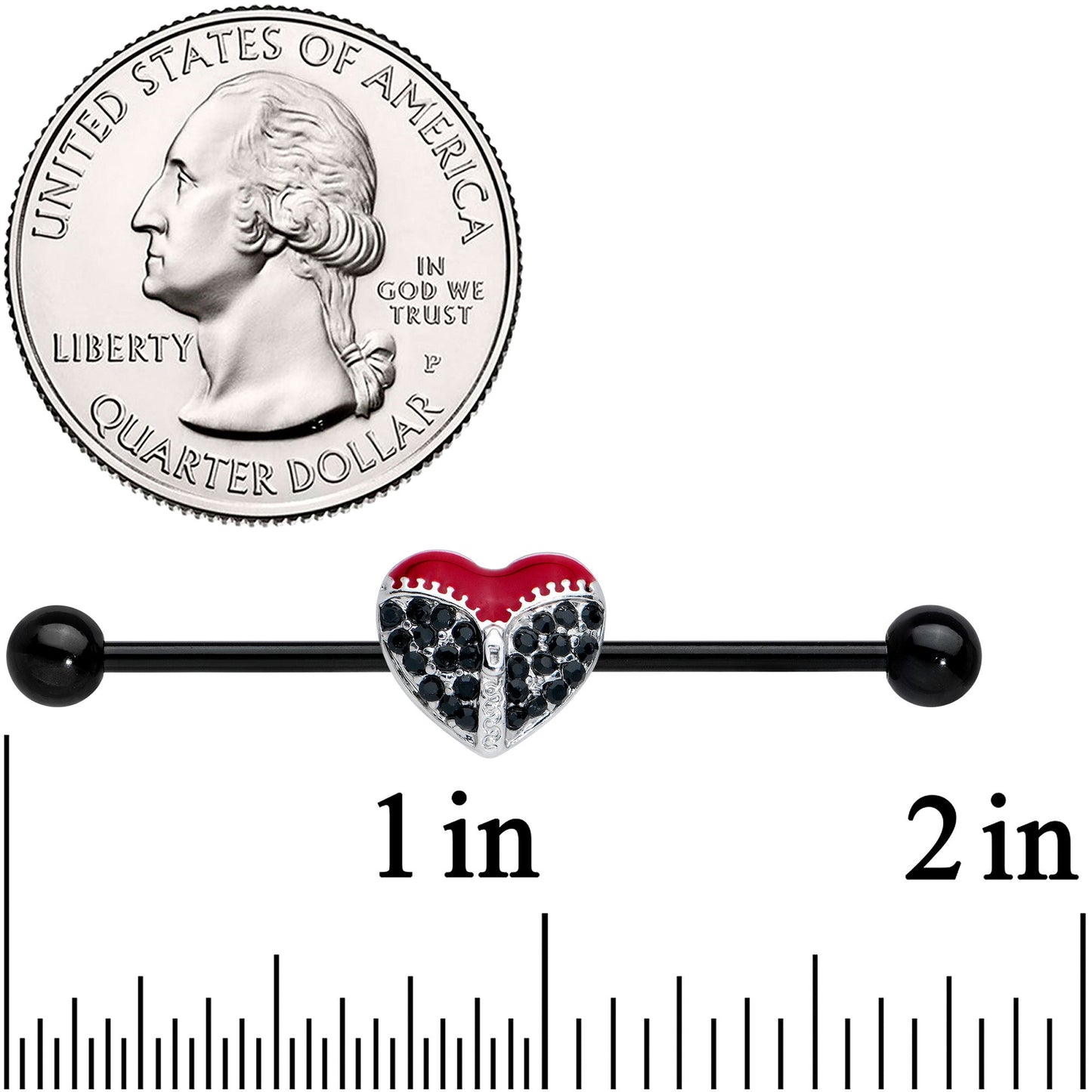 14G Black CZ Gem Black Unzipped Heart Industrial Barbell 38mm