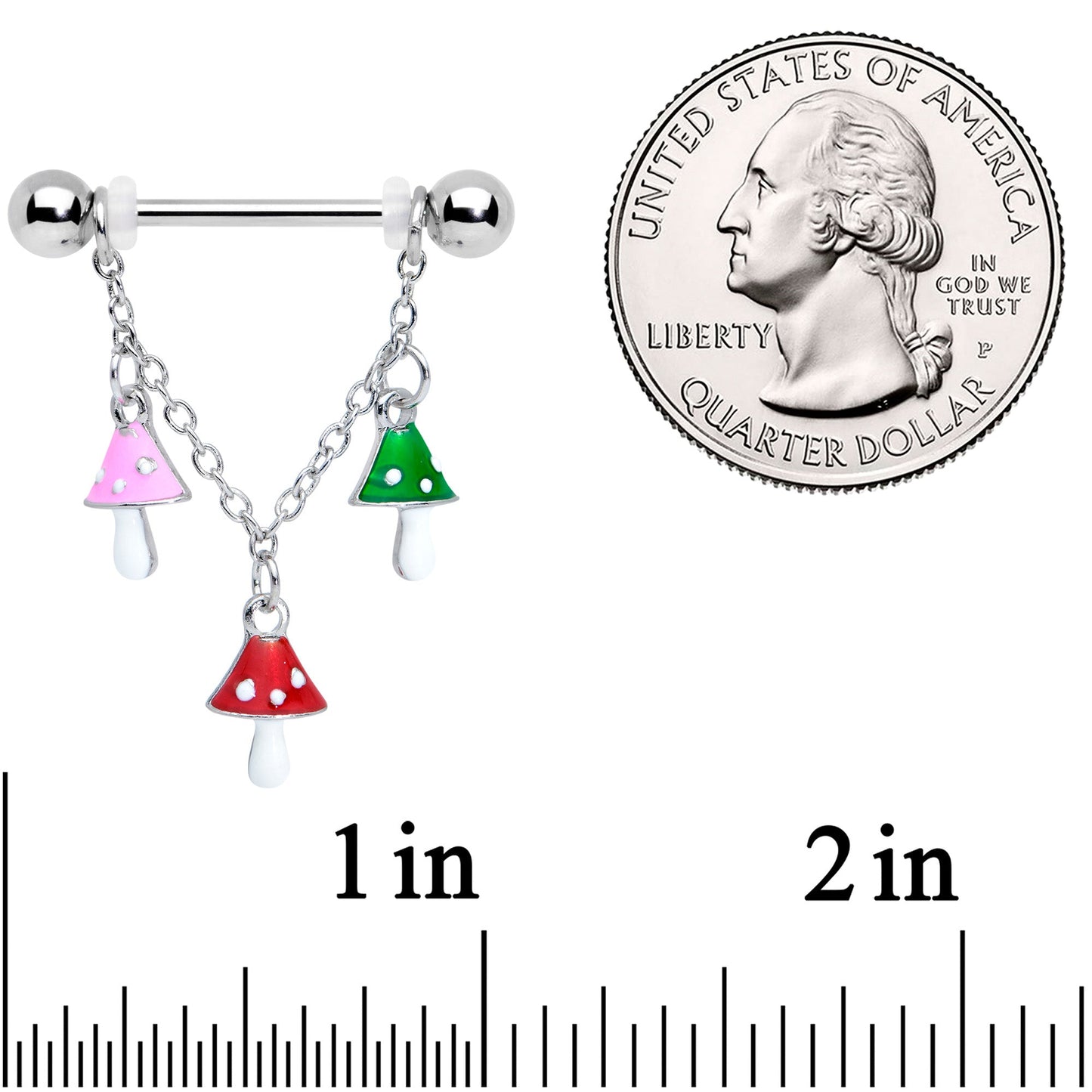 14G 9/16 Pink Green Red Mushroom Chain Dangle Nipple Ring Set