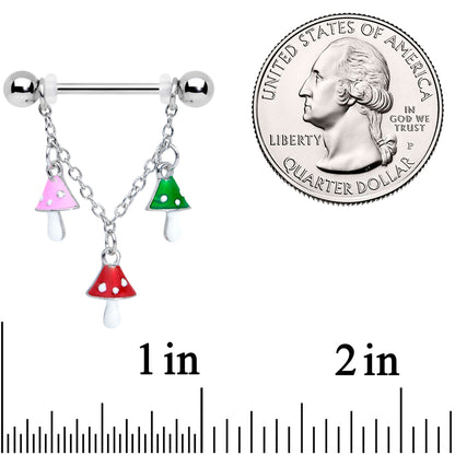 14G 9/16 Pink Green Red Mushroom Chain Dangle Nipple Ring Set