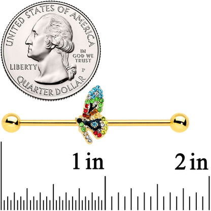 14G Blue Gem Gold Tone Glitz Dragonfly Industrial Barbell 38mm