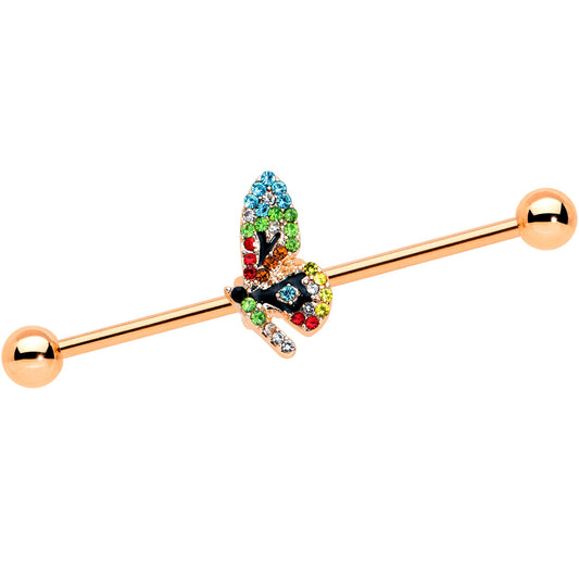 14G Blue Gem Rose Gold Tone Dragonfly Industrial Barbell 38mm