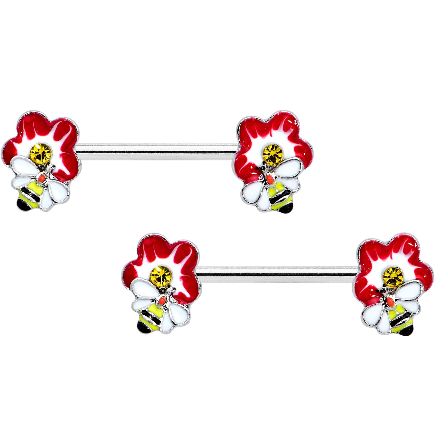 14G 9/16 Yellow Gem Queen Bee Flower Barbell Nipple Ring Set