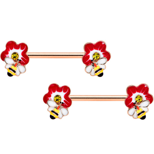 14G 9/16 Yellow Gem Rose Gold Tone Queen Bee Nipple Ring Set