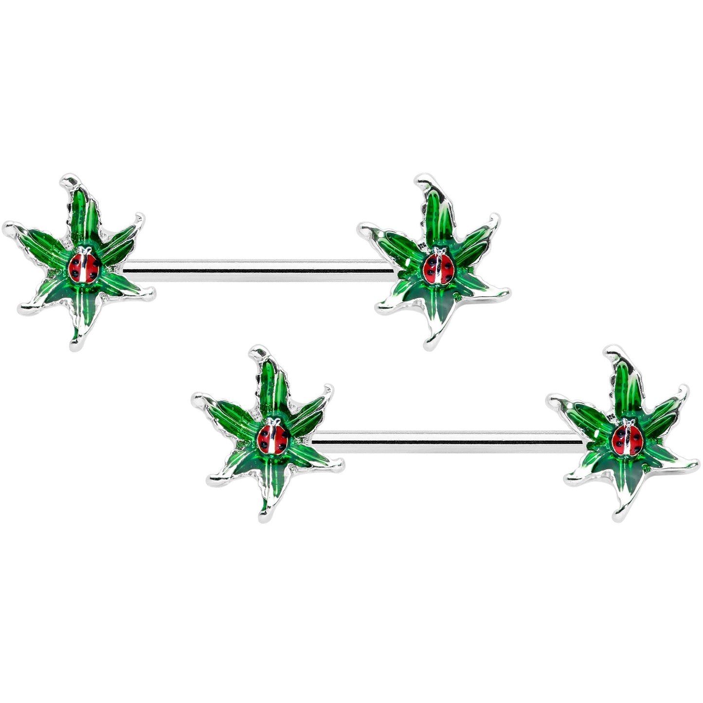 14G 9/16 Tiny Ladybug Leaves Barbell Nipple Ring Set