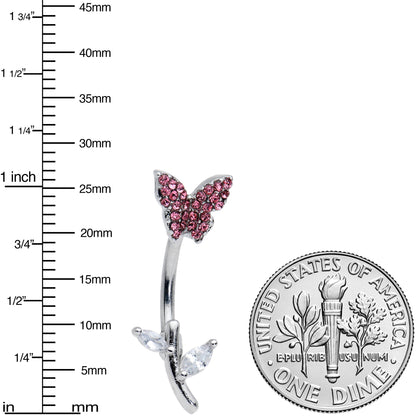 Clear Pink Gem Branch Butterfly Top Mount Belly Ring