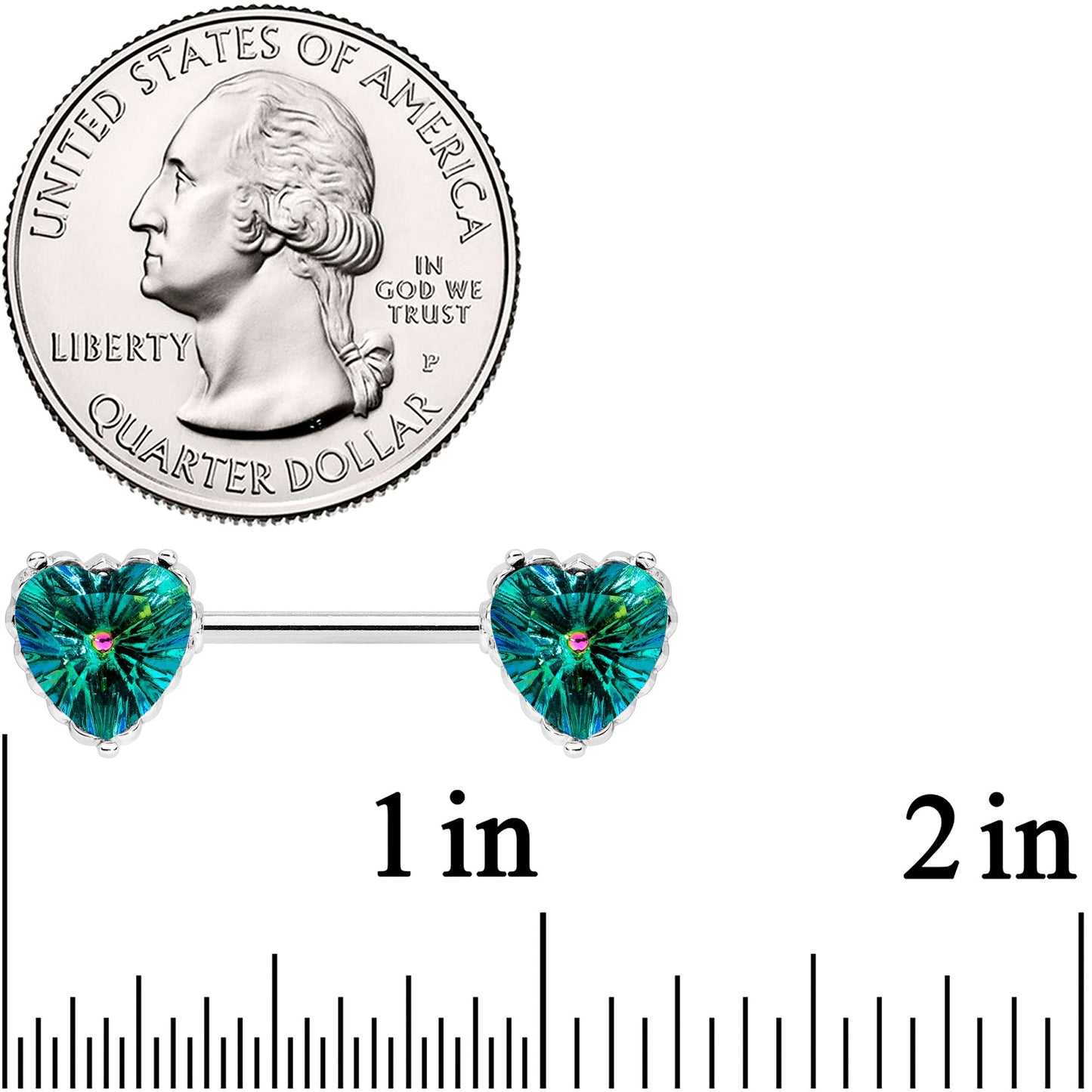 14G 9/16 Green CZ Gem Heart Valentines Day Nipple Ring Set