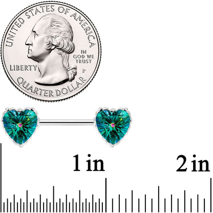 14G 9/16 Green CZ Gem Heart Valentines Day Nipple Ring Set