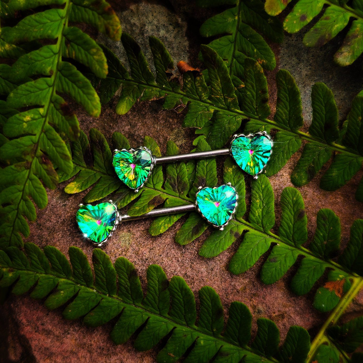 14G 9/16 Green CZ Gem Heart Valentines Day Nipple Ring Set