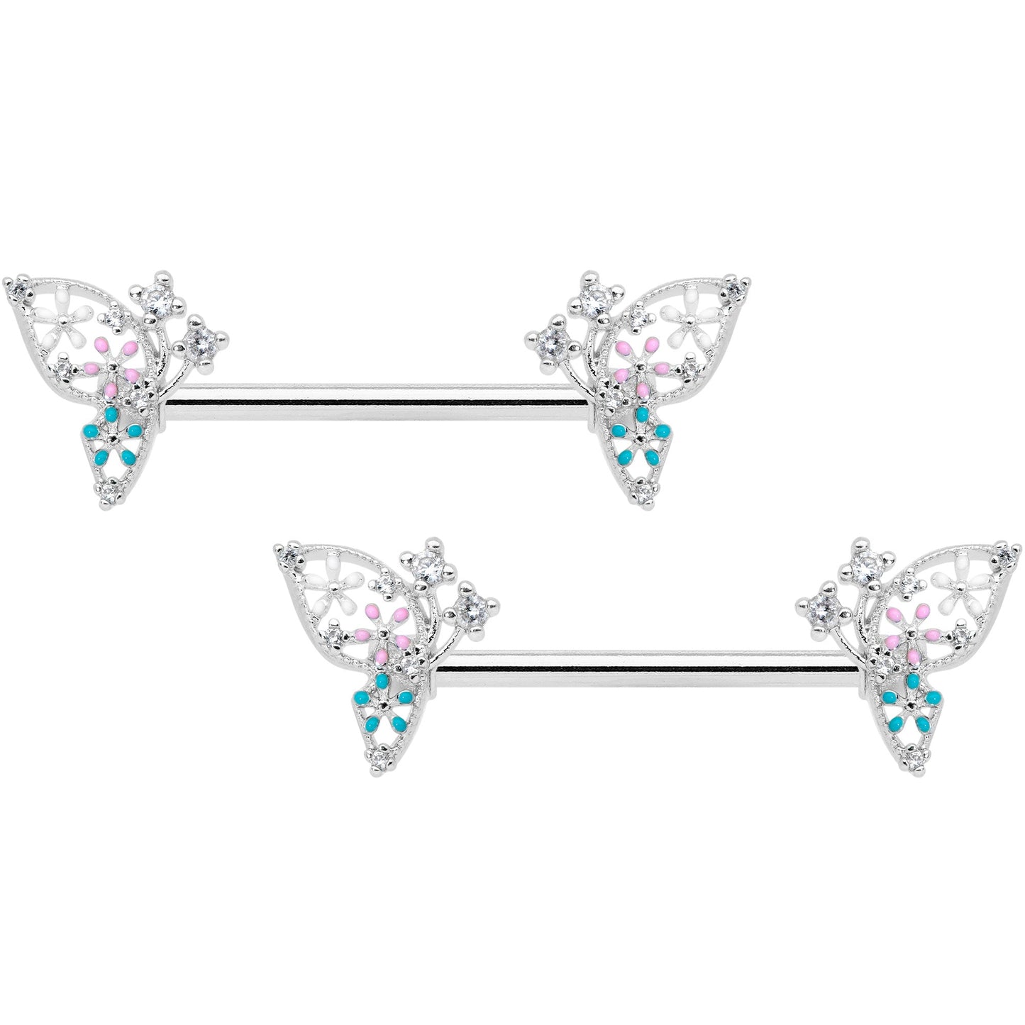 14G 9/16 Clear CZ Gem Abstract Butterfly Barbell Nipple Ring Set