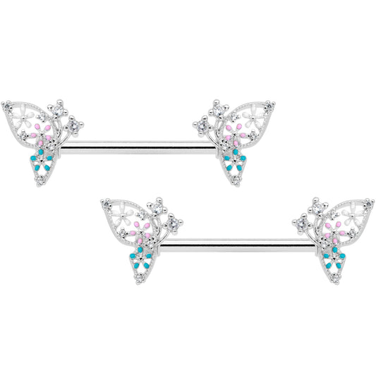 14G 9/16 Clear CZ Gem Abstract Butterfly Barbell Nipple Ring Set