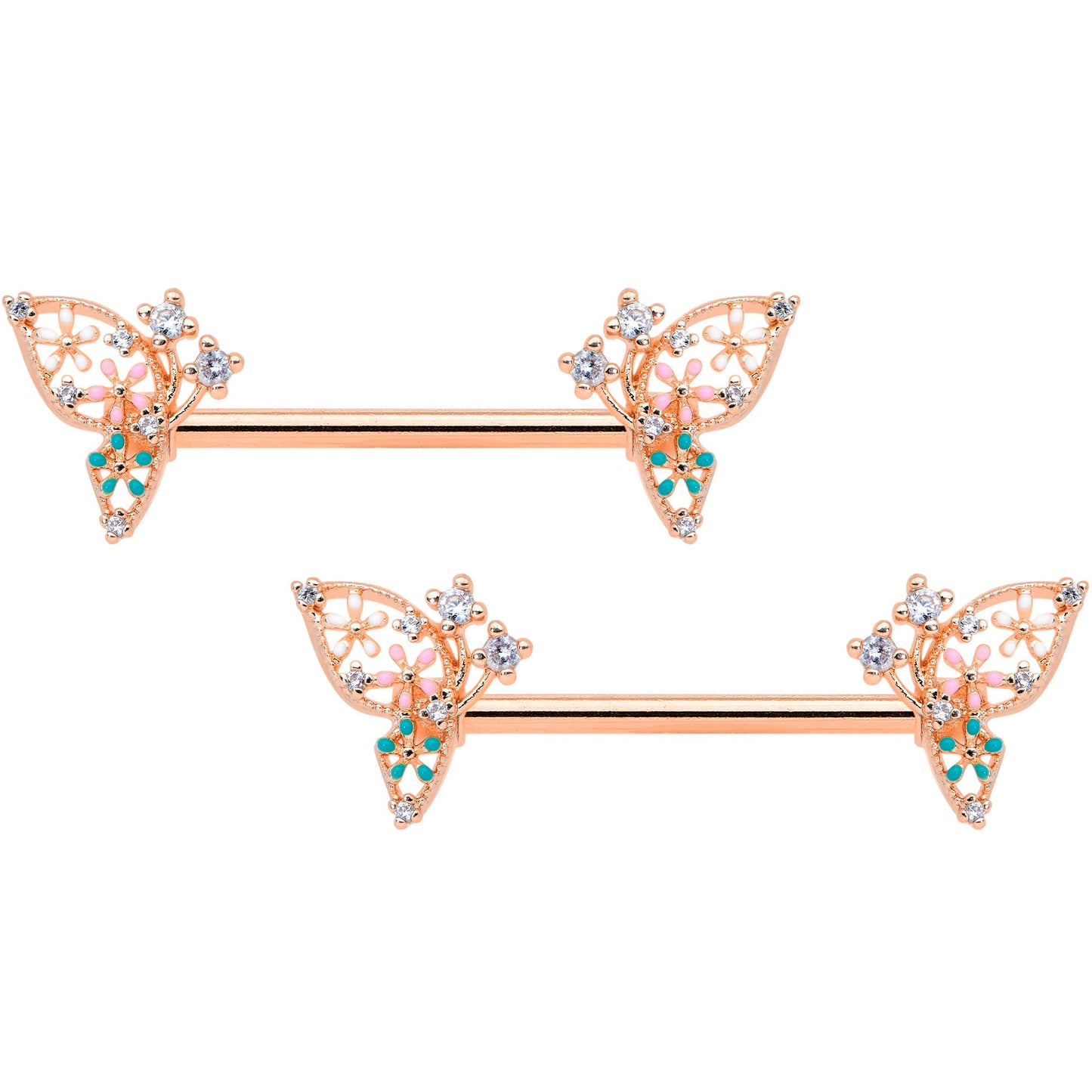 14G 9/16 Clear CZ Gem Rose Gold Hue Butterfly Nipple Ring Set